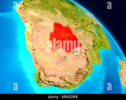 Vista dallo spazio del Botswana evidenziata in rosso sul pianeta Terra. 3D'illustrazione. Gli elementi di questa immagine fornita dalla NASA. Foto Stock