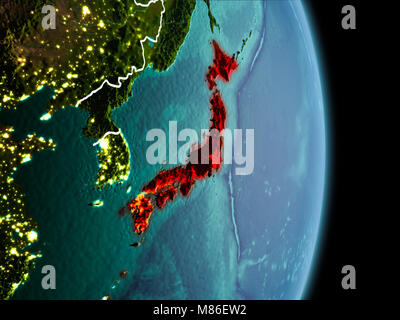 Tv vista la mattina del Giappone ha evidenziato in rosso sul pianeta Terra con visibili le linee di confine e luci della citta'. 3D'illustrazione. Gli elementi di questa immagine Foto Stock