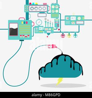 Macchinari di fabbrica olio di raffinazione e la fuoriuscita di olio sul cloud con un fulmine. Industria petrolifera. Concettuale. Illustrazione Vettoriale