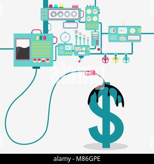 Macchinari di fabbrica olio di raffinazione e la fuoriuscita di olio sul simbolo del dollaro. Industria petrolifera. Concettuale. Illustrazione Vettoriale