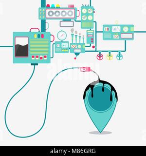 Macchinari di fabbrica olio di raffinazione e la fuoriuscita di olio sul geo localizzazione il Pin. Industria petrolifera. Concettuale. Illustrazione Vettoriale