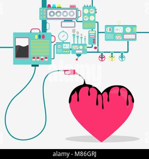 Macchinari di fabbrica olio di raffinazione e la fuoriuscita di olio sulla forma di cuore. Industria petrolifera. Concettuale. Illustrazione Vettoriale