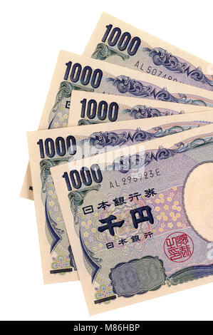 1000 Giapponese Yen banconote isolato su uno sfondo bianco. Foto Stock