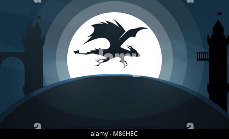 Dragon, il castello di illustrazione. Carta cartone animato paesaggio. Illustrazione Vettoriale
