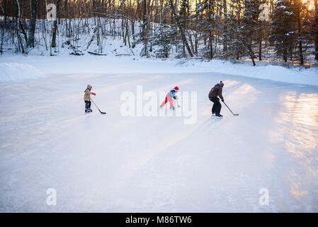 Padre la riproduzione di hockey su ghiaccio con i suoi due figli Foto Stock