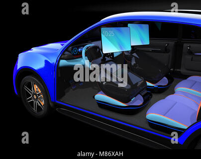 Electric self-guida auto SUV interni. I sedili anteriori sono dotati di monitor. Concept per il nuovo business stile di lavoro in auto. 3D rendering immagine Foto Stock