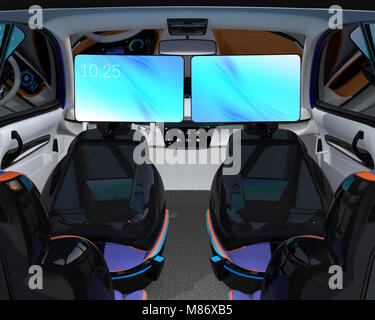 Electric self-guida auto SUV interni. I passeggeri hanno riunione video dai sedili anteriori dei monitor. Concept per il nuovo business stile di lavoro in auto. Foto Stock