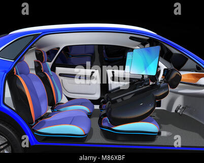 Electric self-guida auto SUV interior design. I sedili anteriori sono dotati di monitor. Concept per il nuovo business stile di lavoro in auto. 3D rendering immagine Foto Stock