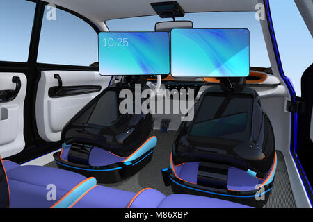 Electric self-guida auto SUV interni. I sedili anteriori sono dotati di monitor. Concept per il nuovo business stile di lavoro in auto. 3D rendering immagine Foto Stock