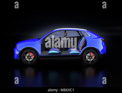 Vista laterale di colore blu metallizzato SUV elettrico interno su sfondo nero. Il rendering 3D'immagine. Foto Stock