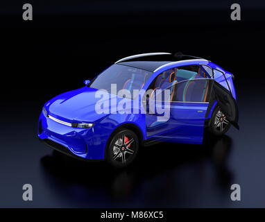 Blu metallizzato SUV elettrico interno su sfondo nero. Il rendering 3D'immagine. Foto Stock