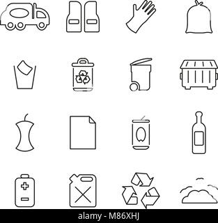 Garbage Man o spazzatura raccolta icone linea sottile illustrazione vettoriale impostato Illustrazione Vettoriale