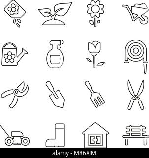 Utensili da giardinaggio & attrezzature icone linea sottile illustrazione vettoriale impostato Illustrazione Vettoriale