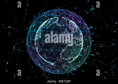 Messa a terra, che rappresentano a livello globale la connessione di rete internazionale di significato. 3d'illustrazione. Foto Stock