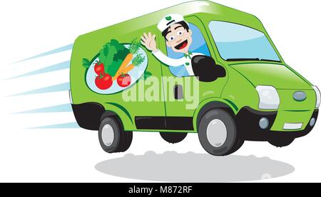 Un vettore cartoon che rappresenta un divertente verde cibo fresco furgone guidato da un uomo cordiale il tifo - ortaggi freschi e frutta concetto di consegna Illustrazione Vettoriale