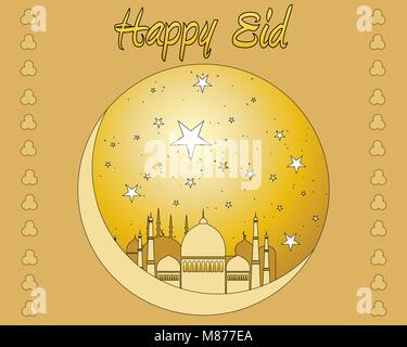 Una illustrazione vettoriale in formato eps formato 10 di un Medio oriente della scheda Messaggi di saluto con la moschea e la luna in oro Illustrazione Vettoriale