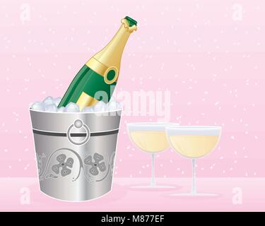 Una illustrazione vettoriale in formato eps formato 10 di un argento secchiello per il ghiaccio con una bottiglia di champagne e due bicchieri completo su un sfondo di confetti Illustrazione Vettoriale