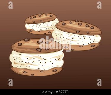 Una illustrazione vettoriale in formato eps formato 10 di tre vaniglia chocolate chip ice cream sandwich con i cookie su uno sfondo scuro Illustrazione Vettoriale