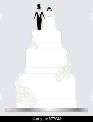 Una illustrazione vettoriale in formato eps formato 10 di un bianco decorate la torta di nozze con strati multipli e la sposa e lo sposo con rose bianche Illustrazione Vettoriale