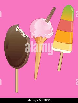 Una illustrazione vettoriale in formato eps formato 10 di fresca estate dei dolcetti al gelato su un brillante sfondo rosa Illustrazione Vettoriale