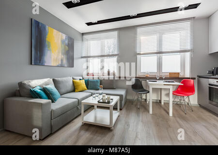 Studio moderno appartamento in grigio con grande divano e cucina aperta Foto Stock