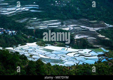 Incredibile texture astratta di terrazze di riso di campi con sky colorato riflesso nell'acqua. Ifugao provincia. Banaue, Filippine patrimonio UNESCO Foto Stock
