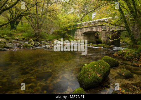 Il fiume Meavy e fiume Plym soddisfare a Shaugh ponte in legno Dewerstone, Parco Nazionale di Dartmoor, Devon, Inghilterra. Foto Stock