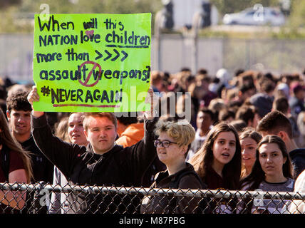 Gli studenti da Marjory Stoneman Douglas High School walkout al campo di calcio per 17 minuti di silenzio in onore del 17 vittime uccise a sc Foto Stock