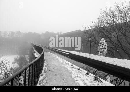 Il Chirk acquedotto e viadotto ferroviario con un treno che lo attraversa scompaiono nella nebbia in Llangollen canal durante il tardo inverno Foto Stock