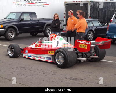 Vintage Ferrari Formula 1 Grand Prix car a Watkins Glen International Race Track nello Stato di New York. Foto Stock