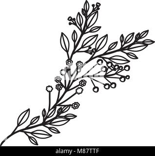 Contorno monocromatica di ramo con foglie e fiori di piccole dimensioni Illustrazione Vettoriale
