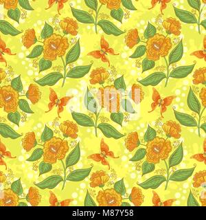 Modello senza giunture, fiori e farfalle Illustrazione Vettoriale