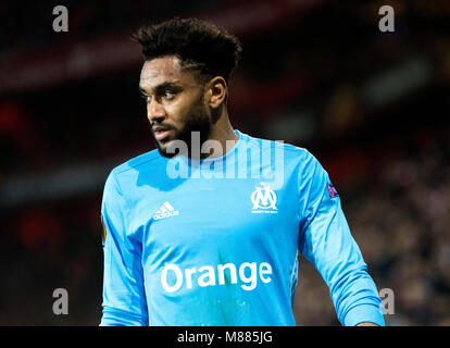 Bilbao, Spagna. Il 15 marzo, 2017. La Giordania Amavi (Olympique Marsiglia, Defender) durante il 2017/2018 UEFA Europa League Round di 16 partita di calcio tra Athletic Club e Olympique De Marseille a San Mames Stadium il 15 marzo 2017 a Bilbao, Spagna. Credito: David Gato/Alamy Live News Foto Stock