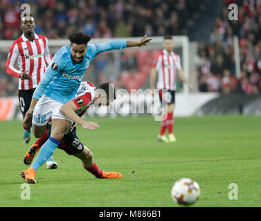 Bilbao, Spagna. Il 15 marzo, 2018. (L-R) *Giordania Amavi* di Olympique De Marseille durante l'Athletic Club Bilbao vs Olympique De Marseille, UEFA Europa League a Stadio di San Mames a Bilbao il 15 marzo 2018. (© DAVID CANTIBRERA/ CORDON PREMERE) Credito: CORDON PREMERE/Alamy Live News Foto Stock