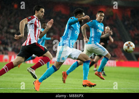 Bilbao, Spagna. Il 15 marzo, 2017. Dimitri Payet (Olympique Marsiglia, centrocampista) in azione durante il 2017/2018 UEFA Europa League Round di 16 partita di calcio tra Athletic Club e Olympique De Marseille a San Mames Stadium il 15 marzo 2017 a Bilbao, Spagna. Credito: David Gato/Alamy Live News Foto Stock