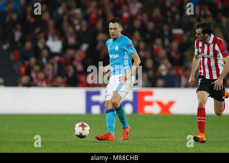 Lucas Ocampos (Marsiglia), 15 marzo 2018 - Calcio : UEFA Europa League Round di 16 seconda gamba match tra Athletic Club de Bilbao 1-2 Olympique De Marseille al Estadio de San Mames a Bilbao, Spagna. (Foto di Mutsu Kawamori/AFLO) [3604] Foto Stock