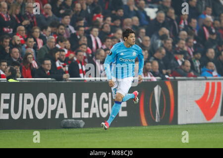 Hiroki Sakai (Marsiglia), 15 marzo 2018 - Calcio : UEFA Europa League Round di 16 seconda gamba match tra Athletic Club de Bilbao 1-2 Olympique De Marseille al Estadio de San Mames a Bilbao, Spagna. (Foto di Mutsu Kawamori/AFLO) [3604] Foto Stock