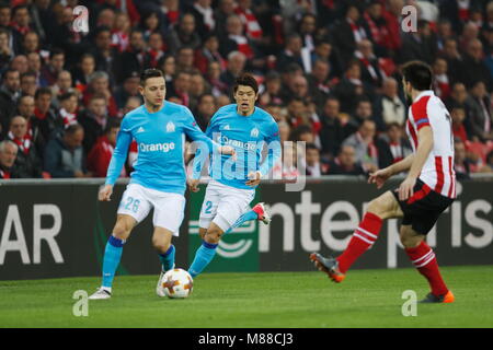 Hiroki Sakai (Marsiglia), 15 marzo 2018 - Calcio : UEFA Europa League Round di 16 seconda gamba match tra Athletic Club de Bilbao 1-2 Olympique De Marseille al Estadio de San Mames a Bilbao, Spagna. (Foto di Mutsu Kawamori/AFLO) [3604] Foto Stock