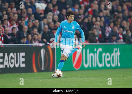 Hiroki Sakai (Marsiglia), 15 marzo 2018 - Calcio : UEFA Europa League Round di 16 seconda gamba match tra Athletic Club de Bilbao 1-2 Olympique De Marseille al Estadio de San Mames a Bilbao, Spagna. (Foto di Mutsu Kawamori/AFLO) [3604] Foto Stock