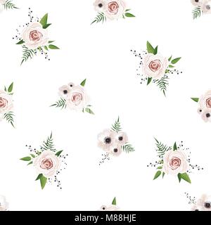 Seamless vettore di disegno floreale disegno ad acquerello. Rustico sfondo romantico stampa. Bianco Rosa fiore Anemone argento ramo di eucalipto. Illustrazione Vettoriale