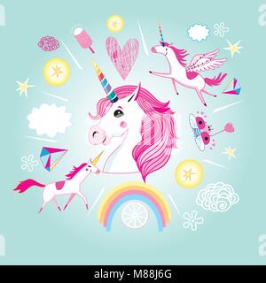 Vector cartoon set di unicorns e oggetti favolosi. Modello per la progettazione delle figurine di poster. Illustrazione Vettoriale
