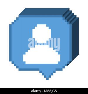 Pixel di vettore 8 bit 3D fumetto blu con il bianco della figura umana, segno di abbonato. Reti sociali di icona di notifica. Illustrazione Vettoriale