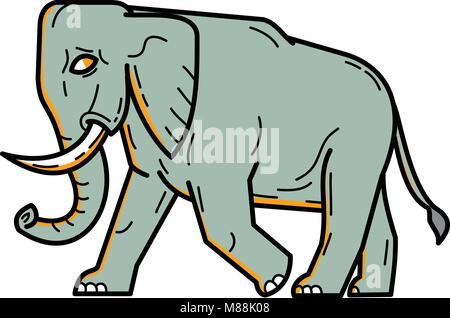 Ingresso linea mono illustrazione di un elefante africano, bush Africano o di una foresta a piedi di elefante visto dal lato fatto in stile monolinea. Illustrazione Vettoriale