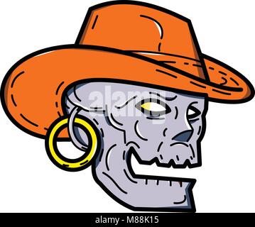 Ingresso linea mono illustrazione di un pirata skull indossando un cappello da cowboy e orecchino guardando a lato su sfondo isolato fatto in stile monolinea. Illustrazione Vettoriale