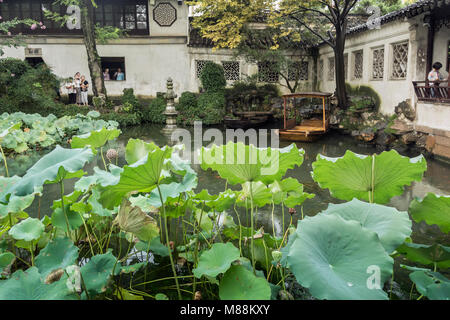 Liu Yuan (Persistente) giardino classico in una leggera pioggia con foglie di Loto, UNESCO, Souzhou, Cina Foto Stock