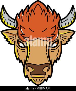 Ingresso linea mono illustrazione della testa di bisonte europeo, Bison bonasus, wisent o il legno europea bison, una specie Eurasiatica di bison visto dal lato anteriore fatto Illustrazione Vettoriale