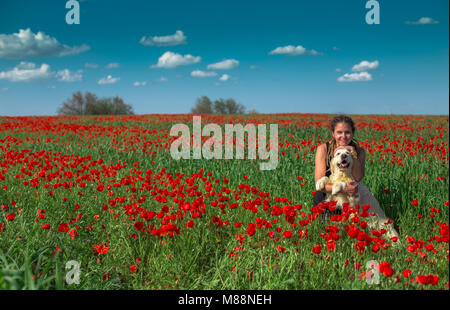 Ragazza con dreadlocks è a piedi con due splendidi cani nel campo di papavero. Regione di Almaty, Kazakhstan. Foto Stock