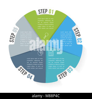 Cerchio modello infografico con cinque elementi, opzioni o le fasi del flusso di lavoro, o diagramma di processo, vettoriale EPS10 illustrazione Foto Stock