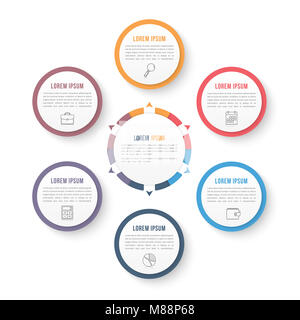 Cerchio modello infografico con sei elementi, opzioni o le fasi del flusso di lavoro, o diagramma di processo, vettoriale EPS10 illustrazione Foto Stock