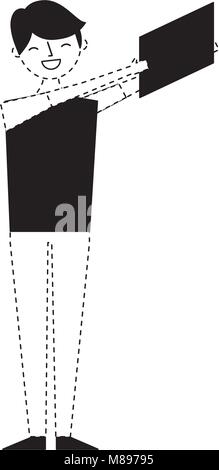 Giovani uomo rendendo selfie illustrazione vettoriale monocromatica linea punteggiata immagine Illustrazione Vettoriale